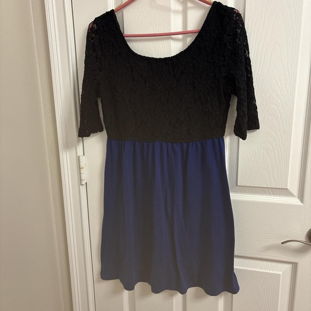 Black Lace Bodice with Navy Midi Skirt Dress